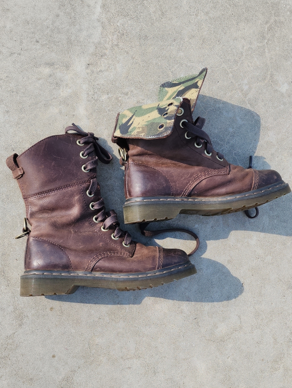 Dr. Martens Brown Amilita Lace-Up Combat Boots with Camo Fold-Overn Size 8